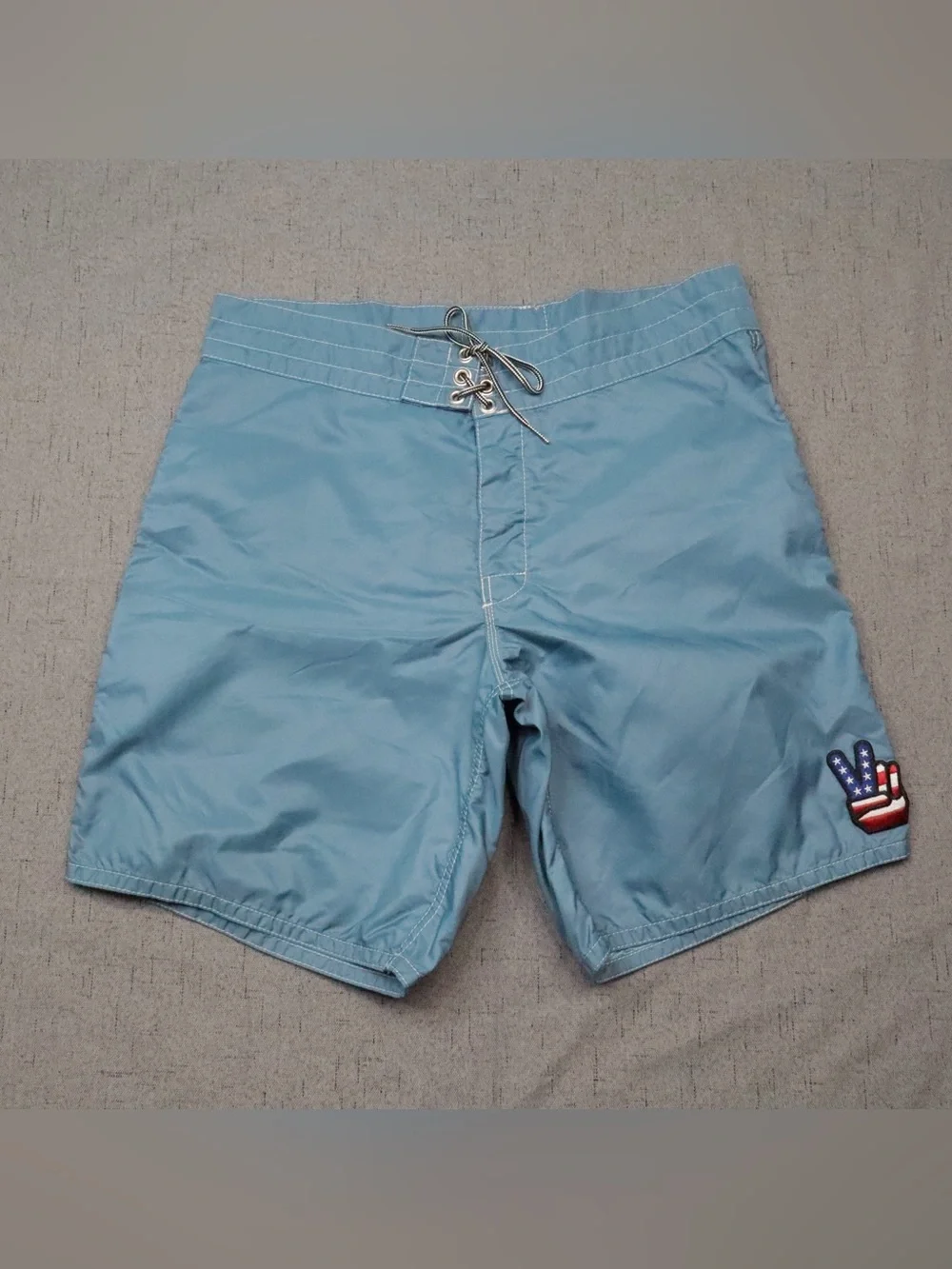 Birdwell Beach Britches Board Shorts 33 Light Blue USA Patriotic Patch⁠